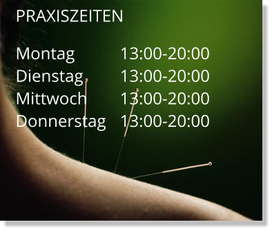 PRAXISZEITEN  Montag		13:00-20:00 Dienstag		13:00-20:00 Mittwoch		13:00-20:00 Donnerstag	13:00-20:00